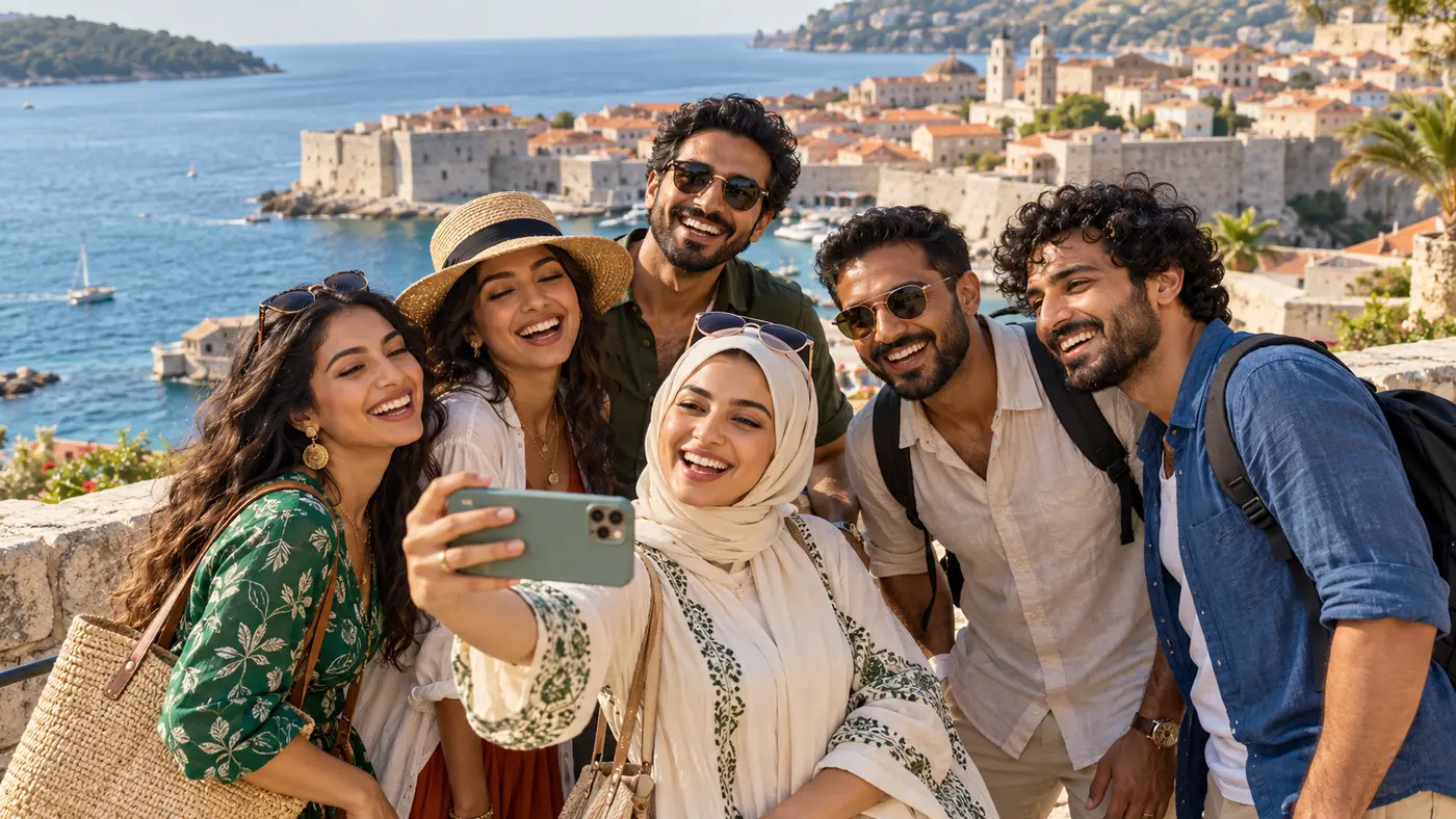 Six holiday companions sharing a group selfie by the sea